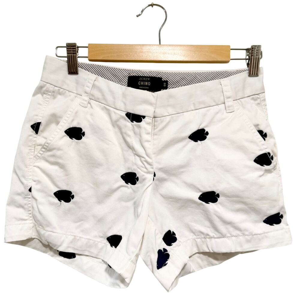 J.Crew Chino Shorts Womens 00 White Navy‎ Fish Embroidered Cotton Summer Preppy